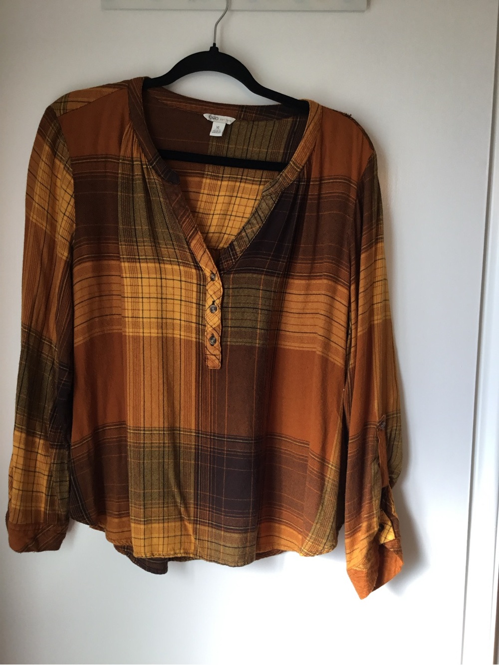 Cato Plaid Button-Down Blouse in Mustard and Brown